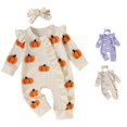 thumbnail image 1 of AWZXDE Girls Seasonal Rompers Knit Pumpkin Towel Embroidery Long Sleeve Footed Jumpsuit Ruffle Matching Bow Headband Fall Halloween Layering Outfit Set Gray - 12-18 Months, 1 of 9