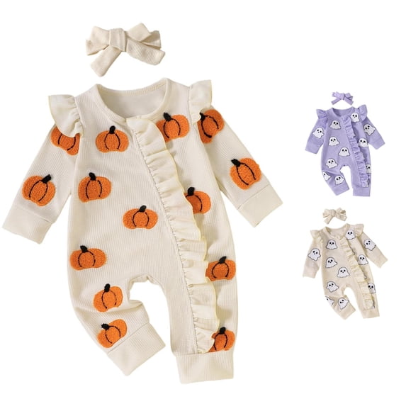 AWZXDE Girls Seasonal Rompers Knit Pumpkin Towel Embroidery Long Sleeve Footed Jumpsuit Ruffle Matching Bow Headband Fall Halloween Layering Outfit Set Gray - 12-18 Months