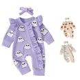 thumbnail image 1 of AWZXDE Girls Seasonal Rompers Knit Pumpkin Towel Embroidery Long Sleeve Footed Jumpsuit Ruffle Matching Bow Headband Fall Halloween Layering Outfit Set Blue - 3-6 Months, 1 of 8