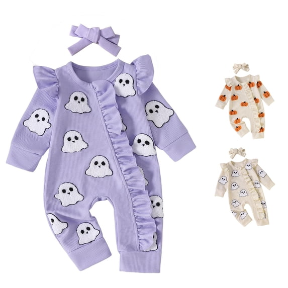 AWZXDE Girls Seasonal Rompers Knit Pumpkin Towel Embroidery Long Sleeve Footed Jumpsuit Ruffle Matching Bow Headband Fall Halloween Layering Outfit Set Blue - 3-6 Months