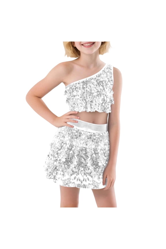 Girls Sequin Dance Outfit Two Piece Stretchy Top And Skirt Set For Performance Dance Parties Gifts For Teen Girls White,6-7 Years