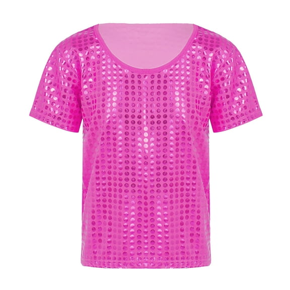 AWZXDE Girls Sequin Short Sleeve Top Solid Color Shirt Casual Tee for Toddler Kids Bling Party Wear Everyday Outfit Hot Pink,4-5 Years