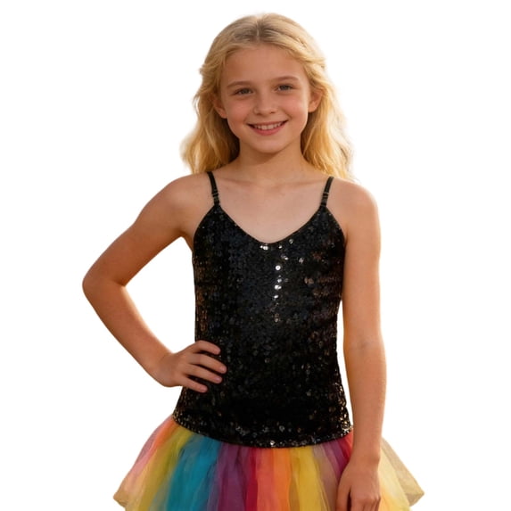 AWZXDE Girls Sequin V Neck Tank Top For Stage Festival Performance Party And Girls Tops Apparel Black,5-7 Years