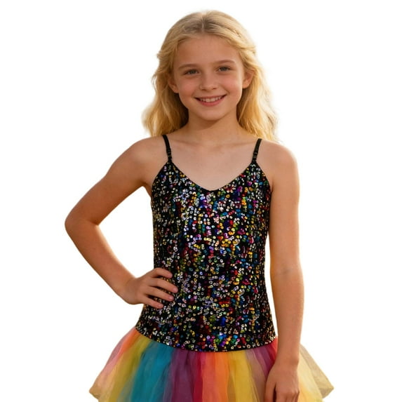 AWZXDE Girls Sequin V Neck Tank Top For Stage Festival Performance Party And Girls Tops Apparel Multicolour,5-7 Years