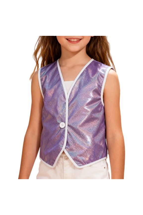 Girls Sequin Vest One Button Sleeveless Jacket For Stage Performance And Casual Wear Kids Clothing Elegant Style Purple,150