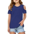 thumbnail image 1 of AWZXDE Girls Short Sleeve Cold Shoulder Top Cute Crew Neck Tee Casual Girls Tops Off Shoulder Shirt For Kids And Teens Dark Blue，5-6 Years, 1 of 5