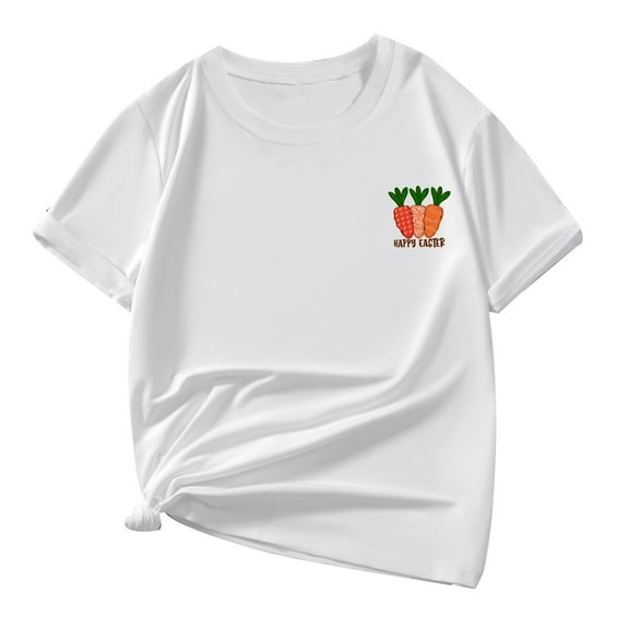 AWZXDE Girls Short Sleeve T Shirt Casual Multicolor Letter Pattern Print Round Neck Comfortable Summer Tops For Children Spring Easter Wear White,110