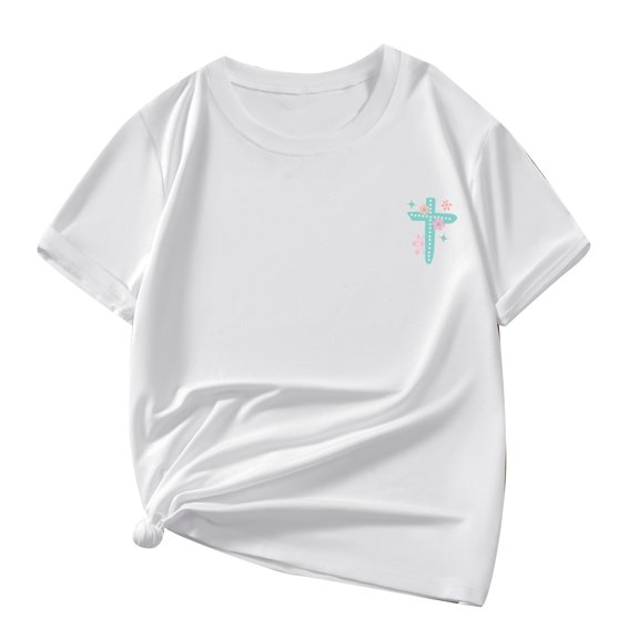 AWZXDE Girls Short Sleeve T Shirt Multicolor Letter Pattern Print Round Neck Casual Summer Tops For Spring And Easter White，120