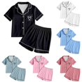 thumbnail image 1 of AWZXDE Girls Sleepwear Set 2pcs Tween Heart Print Short Sleeve Shorts Pajamas Soft Button-Down Top Comfortable Loungewear For Kids Nightwear Black,12-13 Years, 1 of 7