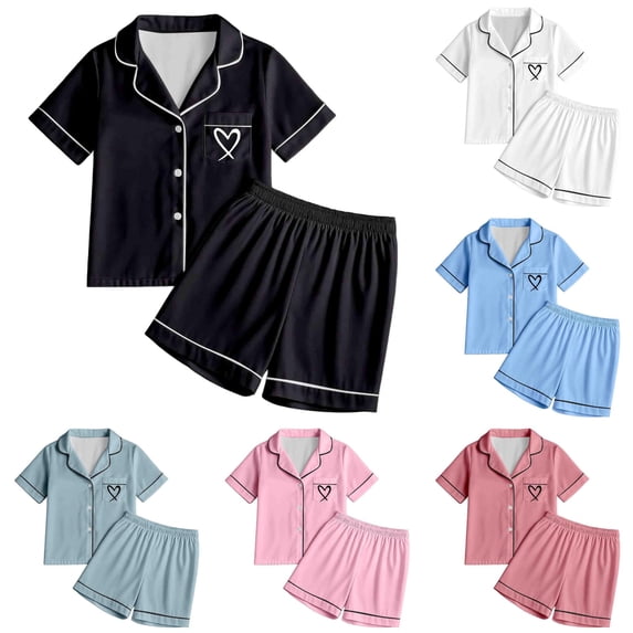AWZXDE Girls Sleepwear Set 2pcs Tween Heart Print Short Sleeve Shorts Pajamas Soft Button-Down Top Comfortable Loungewear For Kids Nightwear Black,12-13 Years