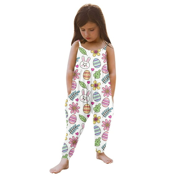AWZXDE Girls Sleeveless Jumpsuit Easter Bunny Egg Print Cute Comfortable Spring Summer Must Have Girls Jumpsuit White，5-6Years