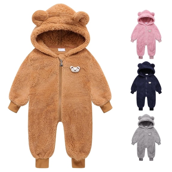 AWZXDE Girls Soft Stretch Bodysuits Bear Ear Hooded Jumpsuit Zip Up Warm Winter Casual Romper For Girls Coffee - 12-18 Months