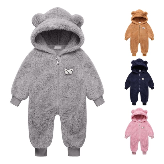 AWZXDE Girls Soft Stretch Bodysuits Bear Ear Hooded Jumpsuit Zip Up Warm Winter Casual Romper For Girls Grey - 6-12 Months