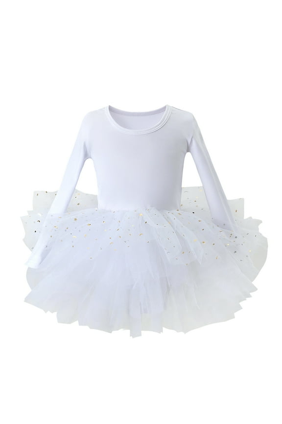 Girls Solid Color Long Sleeve Round Neck Mesh Tutu Dress with Star for Dance Recital and Performance White,L-120