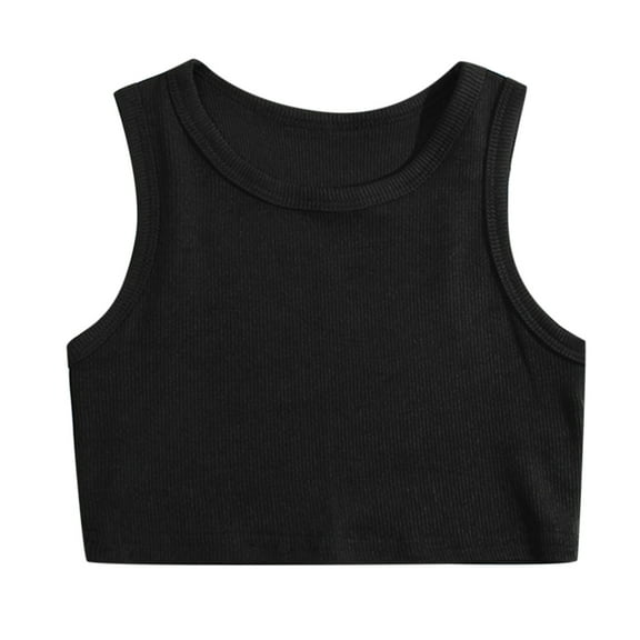 AWZXDE Girls Solid Color Sleeveless Crop Top,Athletic Ribbed Vest for Teen Girls,Casual Summer Workout Tank Tops,Stretchy Soft Breathable Fabric Black,3-4 Years