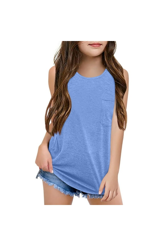Girls'Solid Color Sleeveless Round Neck Top with Pocket - Summer Casual Kids' Blouse,Comfortable Daily Wear for Outings Blue,5-6 Years