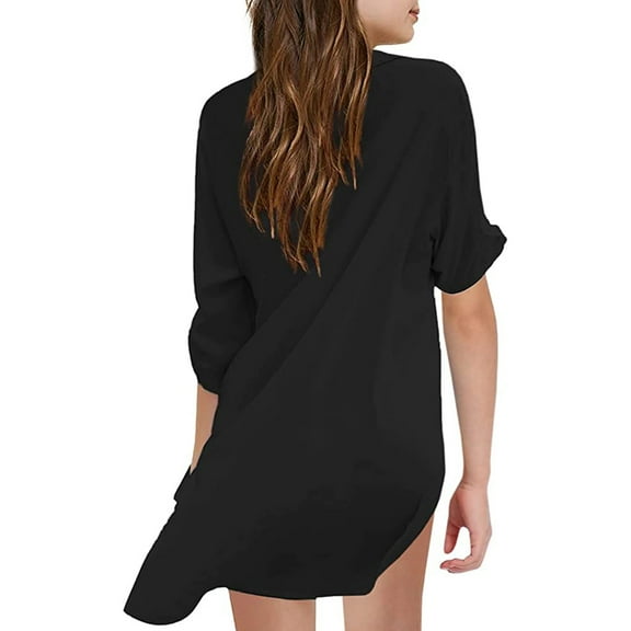 AWZXDE Girls Solid Color Swim Cover Up,Long Sleeve Sun Shirt UPF Rash Guard Beach Pool Party Wear,Loose Fit Casual Tunic Black,6-7 Years
