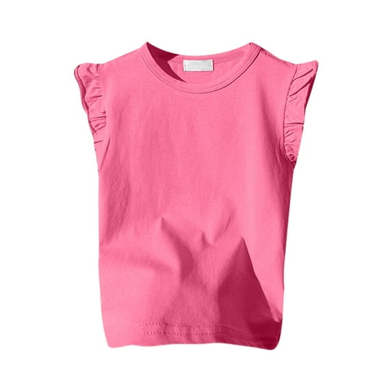 AWZXDE Girls Solid Color Top,Short Sleeve Ruffle Blouse with Round Neck for Fall and Summer,Casual Dressy Tops for Toddler Kids Hot Pink,7-8Years