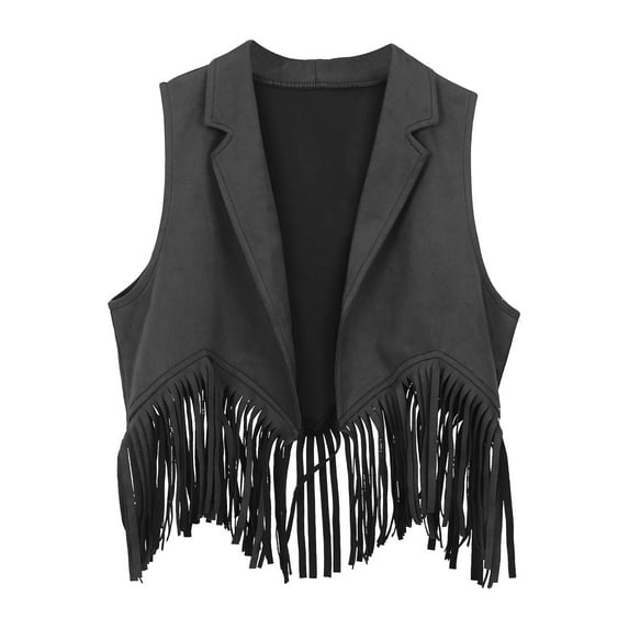 AWZXDE Girls Solid Color Western Fringe Sleeveless Vest Top,Stylish Cowboy Tank for Kids Casual/Party Outfits Dark Gray,5-6 Years