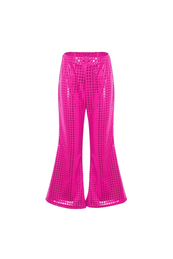 Girls'Sparkly Sequin Fish Tail Pants - Shimmering Round Glitter ,Stretchy Elastic Waist, Playful Style for Parties & Daily Wear Hot Pink,6-7 Years