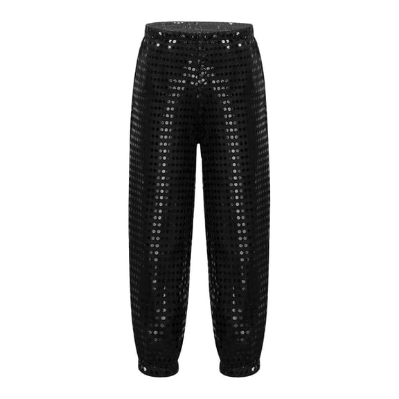 AWZXDE Girls'Sparkly Sequined Solid Color Long Pants for Performance, Stage Show Bottoms, Kids Dance Trousers Black,3-4 Years