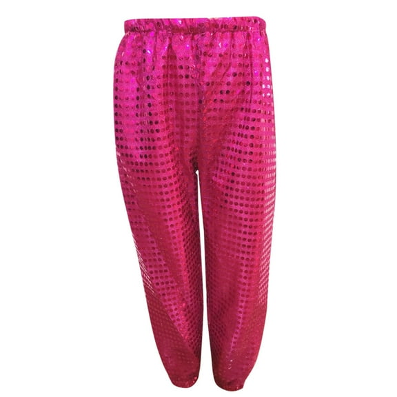AWZXDE Girls'Sparkly Sequined Solid Color Long Pants for Performance, Stage Show Bottoms, Kids Dance Trousers Hot Pink,3-4 Years