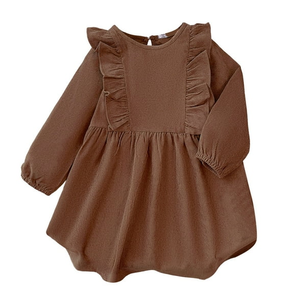AWZXDE Girls Spring Fall Long Sleeve Dress Solid Color with Ruffle Wrist Round Neck Loose Fit Casual Versatile Brown,6-7 Years