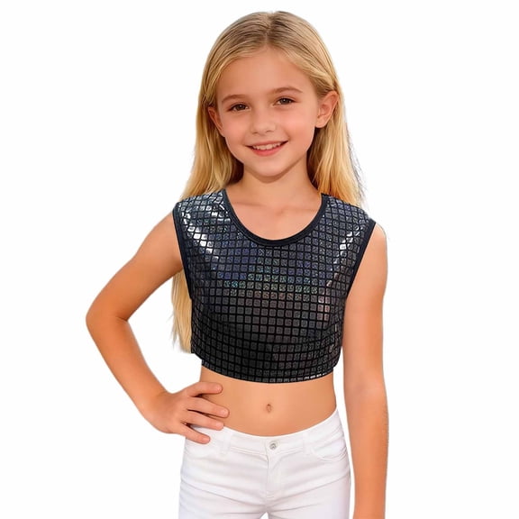 AWZXDE Girls Square Neck Glitter Print Crop Sleeveless Tank Top Casual Party Performance Wear Fashion Stretch Fit Girls Tops For Youth Black，120