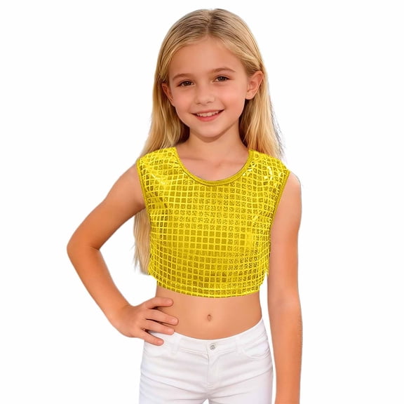 AWZXDE Girls Square Neck Glitter Print Crop Sleeveless Tank Top Casual Party Performance Wear Fashion Stretch Fit Girls Tops For Youth Yellow，120
