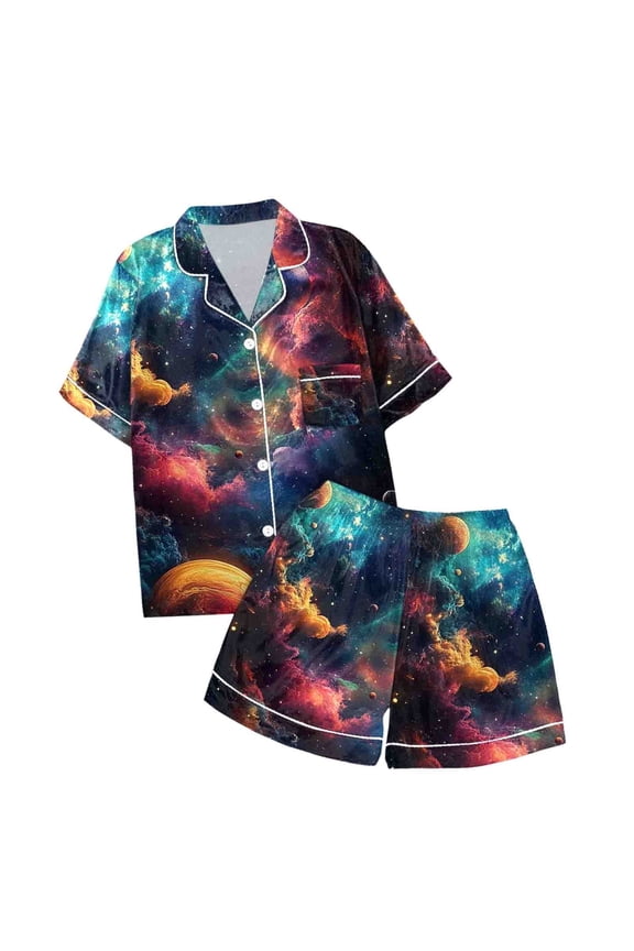 Girls Star Print Short Sleeve Pajama Set Lapel Collar Modern Sleepwear Comfortable Two-Piece Home Outfit Black,3-4 Years