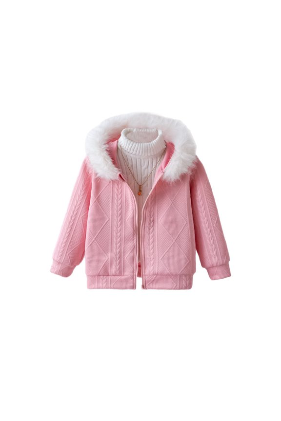Girls Stylish Solid Color Knit Jacket with Furry Collar and Zipper Hooded Gentle Cute Wheat Jacquard Fashion Support to Everyday Pink,2-3 Years