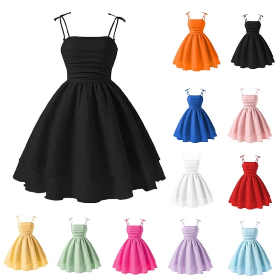 AWZXDE Girls Summer Dresses Solid Spaghetti Strap Sleeveless A Line Flowy Casual Sundress for Daily Wear
