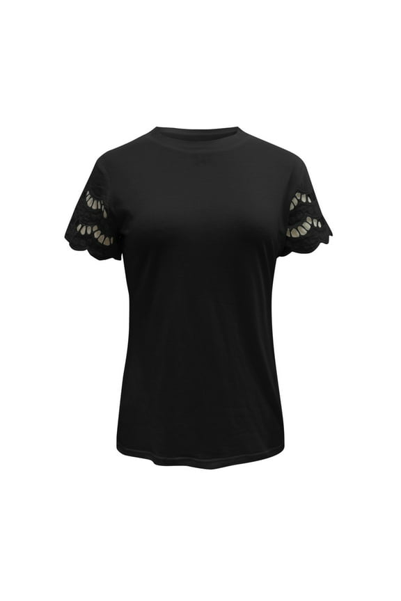 Girls Summer Ruffled Trim Short Sleeve Solid Tee,Breathable Casual T-Shirt with Lace Detail for Kids Play/Outings Black,11-12 Years