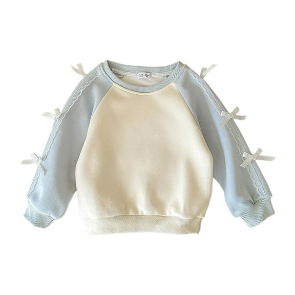 AWZXDE Girls Sweatshirts Fall Winter Kids Raglan Sweatshirt Unisex Long Sleeve Round Neck Bow Adorable for Girls Comfort Fit Light Blue,2-3 Years
