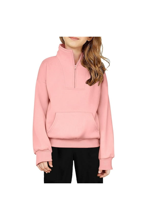 Girls Sweatshirts Half Zip Sport Casual Loose Long Sleeve Stand Collar Pocket Pullover Adorable Half Zip Hoodie Pink,9-10 Years