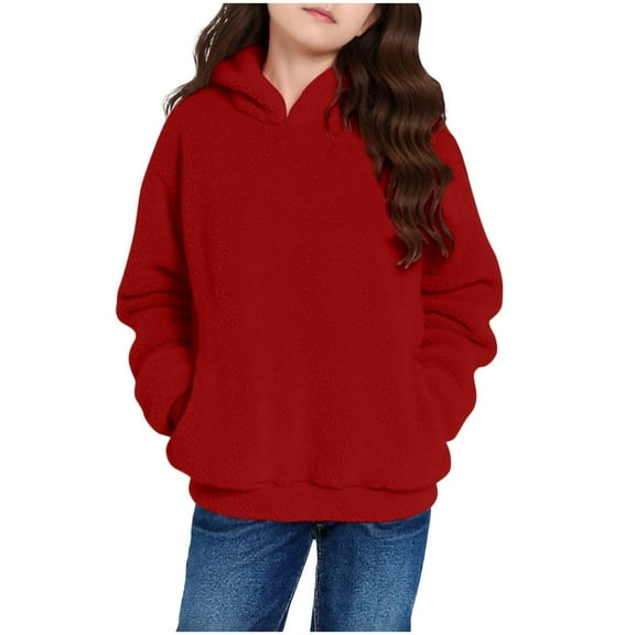 AWZXDE Girls Sweatshirts Winter Comfortable Soft Adorable Solid Color Hooded Long Sleeve for Daily Loose Fit Cozy Wear Girls Fashion Kids Apparel Casual Outfit Red,3-4 Years