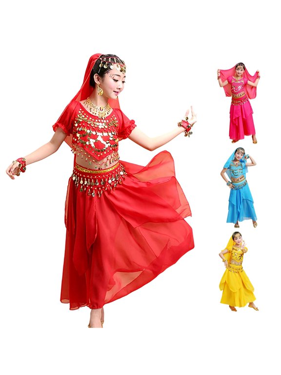 Girls Traditional Dance Performance Outfit With Flowing Skirt For Stage Ethnic Belly Dancing Set Red,10-13 Years