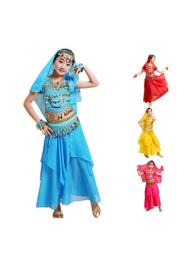 Girls Traditional Dance Performance Outfit With Flowing Skirt For Stage Ethnic Belly Dancing Set Sky Blue,2-3 Years