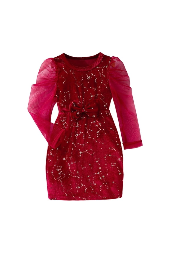 Girls Velvet Sash Bow Long Sleeve Dress Tiered Layered Party Gown For Autumn Fall Season Formal Net Dress 3-8Y Red