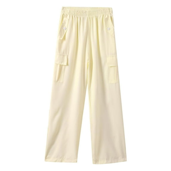AWZXDE Girls Wide Leg Pants Children Trousers in Pure Color Cargo Style, Fashion Big Kids Daily Casual Long Pants for School Beige,6-7 Years