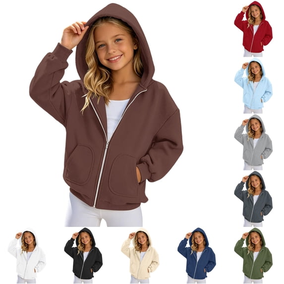 AWZXDE Girls Zip Up Hooded Sweatshirt Solid Color Casual Hoodie Jacket For Kids Lightweight Comfortable Daily Wear Brown,6-7 Years