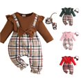thumbnail image 1 of AWZXDE Girls fashion rompers Ruffle Sleeve Ribbed Knit Plaid Patchwork Rompers Toddlers clothes for girls Bow Headband Complete Outfit Set Gray - 9-12 Months, 1 of 6