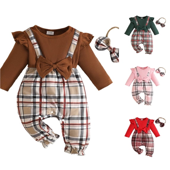 AWZXDE Girls fashion rompers Ruffle Sleeve Ribbed Knit Plaid Patchwork Rompers Toddlers clothes for girls Bow Headband Complete Outfit Set Gray - 9-12 Months