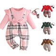 thumbnail image 1 of AWZXDE Girls fashion rompers Ruffle Sleeve Ribbed Knit Plaid Patchwork Rompers Toddlers clothes for girls Bow Headband Complete Outfit Set Red - 9-12 Months, 1 of 6