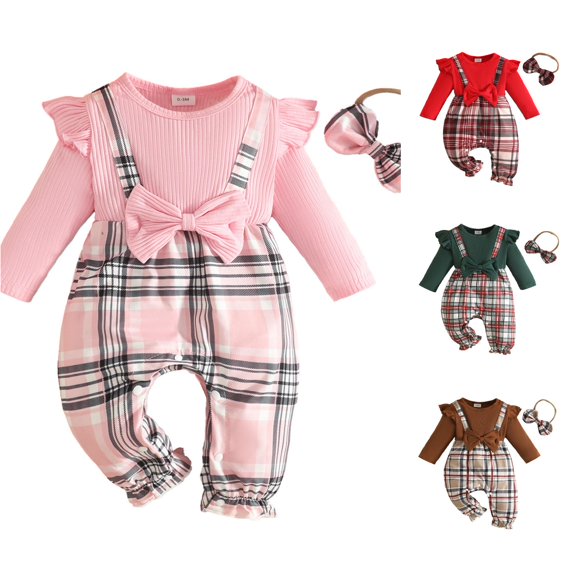 AWZXDE Girls fashion rompers Ruffle Sleeve Ribbed Knit Plaid Patchwork Rompers Toddlers clothes for girls Bow Headband Complete Outfit Set Red - 9-12 Months
