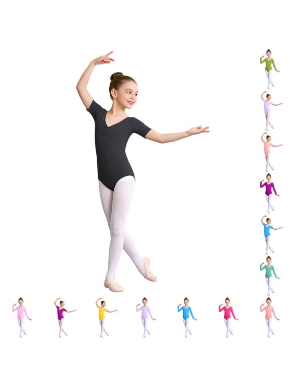 Girls short sleeve bodysuits V Neck Ruched Ballet Dance Leotard Snap Crotch Toddlers girl outfits for Professional Dance Training Class Wear Orange - 14-15 Years