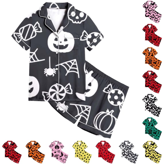 AWZXDE Halloween Graphic Pajamas Girls Short Sleeve Button Down Two Piece Sleepwear Bat Print Loungewear For Halloween Party And Indoor Rest