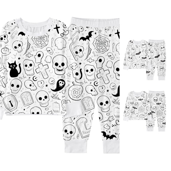 AWZXDE Halloween Pajamas Outfits Set Boys Halloween Pajama Set Long Sleeve With DIY Print Comfortable Wear For Kids 2 10 Years White3,9-10