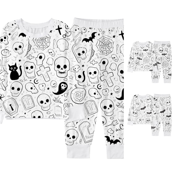 AWZXDE Halloween Sleep Sets Long Sleeve Two Piece Boys Pajama Sets Soft Knit Fabric Skull Bat Cross Spider Web Halloween Doodle Print For Fall Bedtime Wear