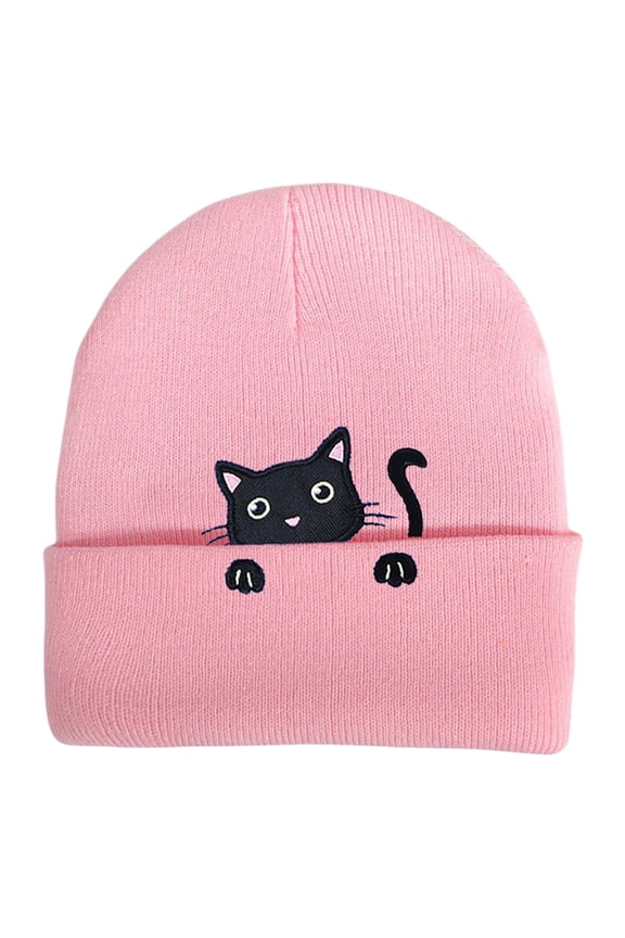 Hats For Women Embroidered Cat Animal Design Knitted Beanie Cute Cat Pattern Casual Winter Warm Cap Pink